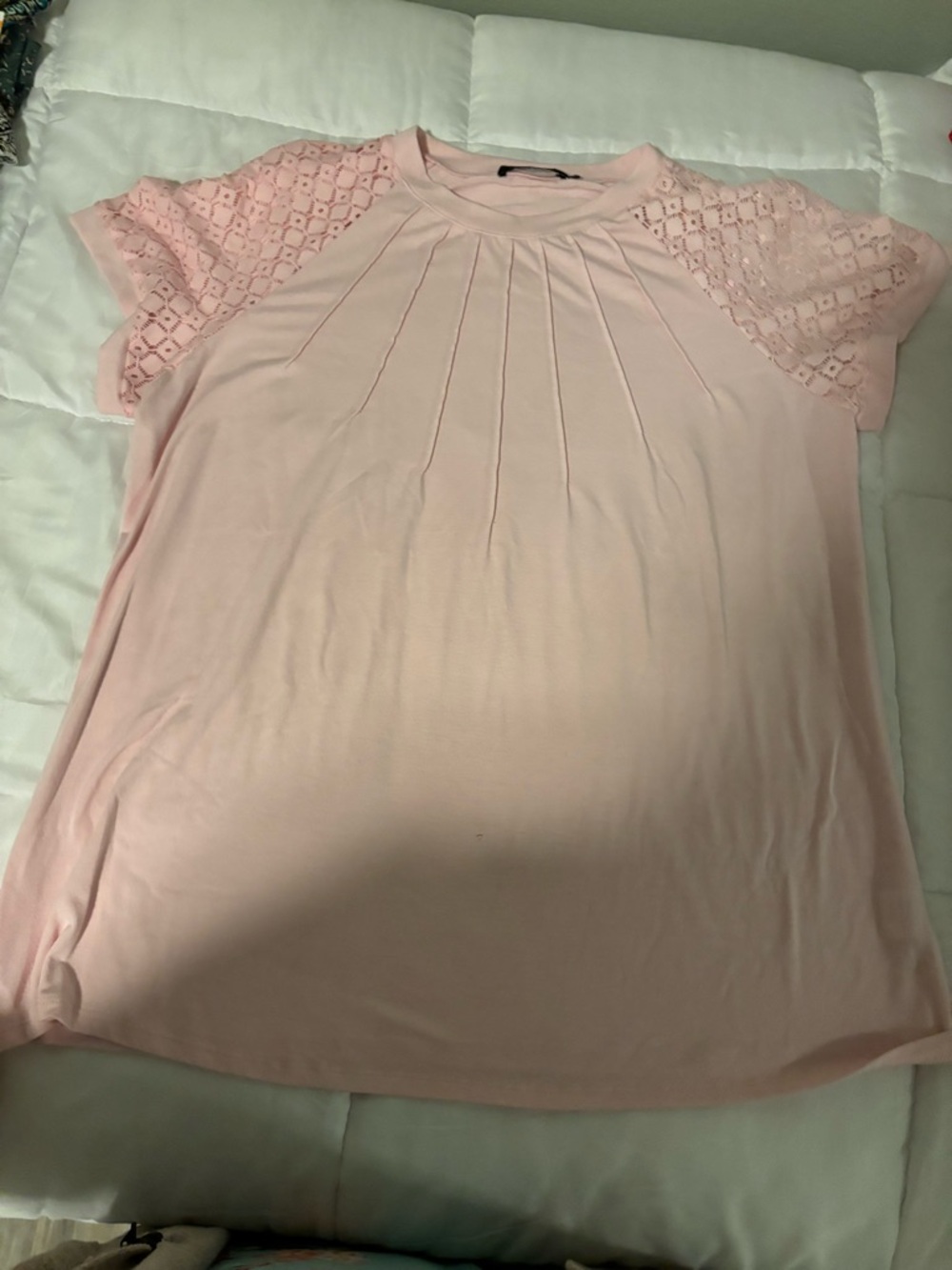 Light Pink Short Sleeve Top with Lace Yoke and Front Pleats